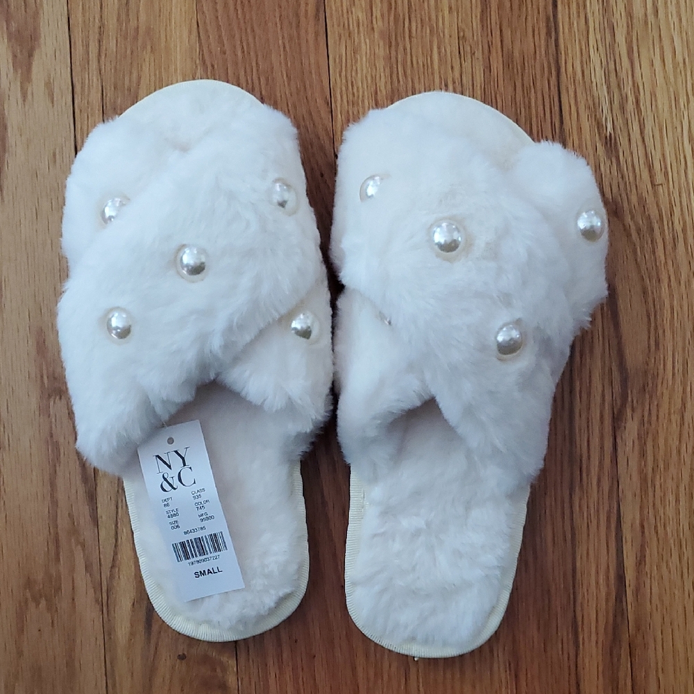 New York & Company White Pearl-Adorned Slippers